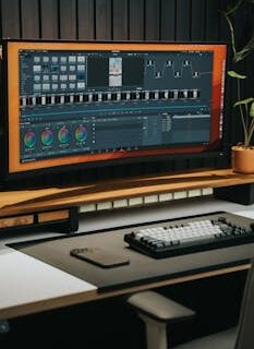 Sleek home office desk with ultrawide monitor for video editing, keyboard, and smartphone.